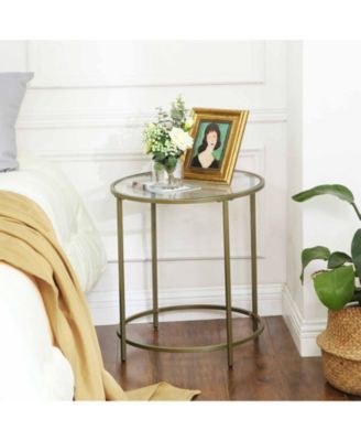 Round Side Table, Glass End Table With Metal Frame, Small Coffee Accent Table