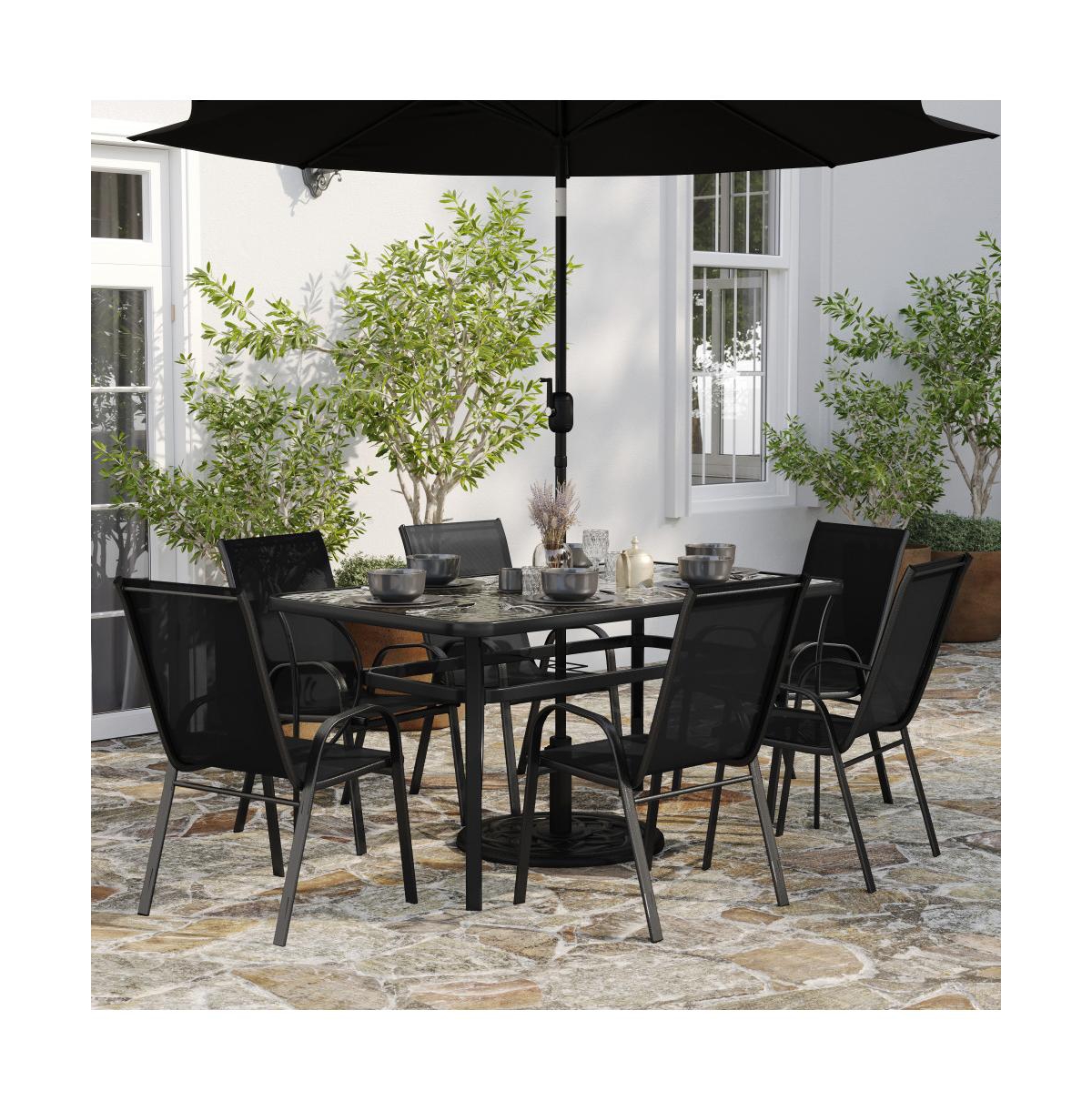 Merrick Lane Bardwell 7 Piece Outdoor Dining Table Set For 6 With Glass-Top Patio And Stack Chairs Flex Comfort Material