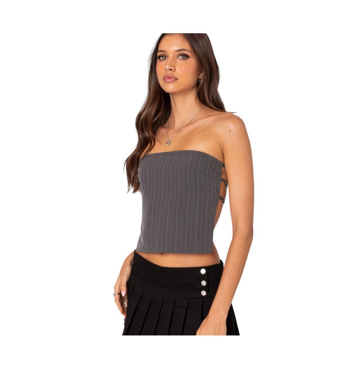 Edikted Women's Pinstripe Open Back Strapless Top - Gray-and-white