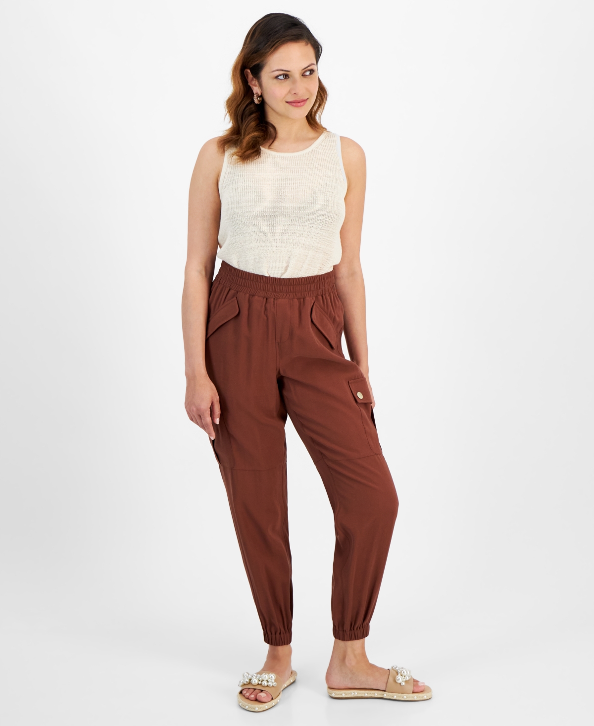 Petite Satin High-Rise Belted Cargo Pants, Created for Macy's - Brazilian Sand
