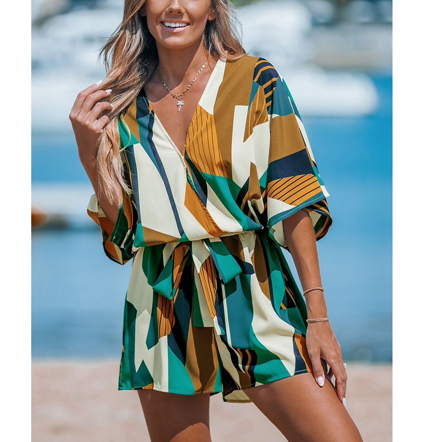 Женский комбинезон Cupshe Abstract Geo Dolman Straight Leg Romper, цвет: Тёмный синий — фото 2
