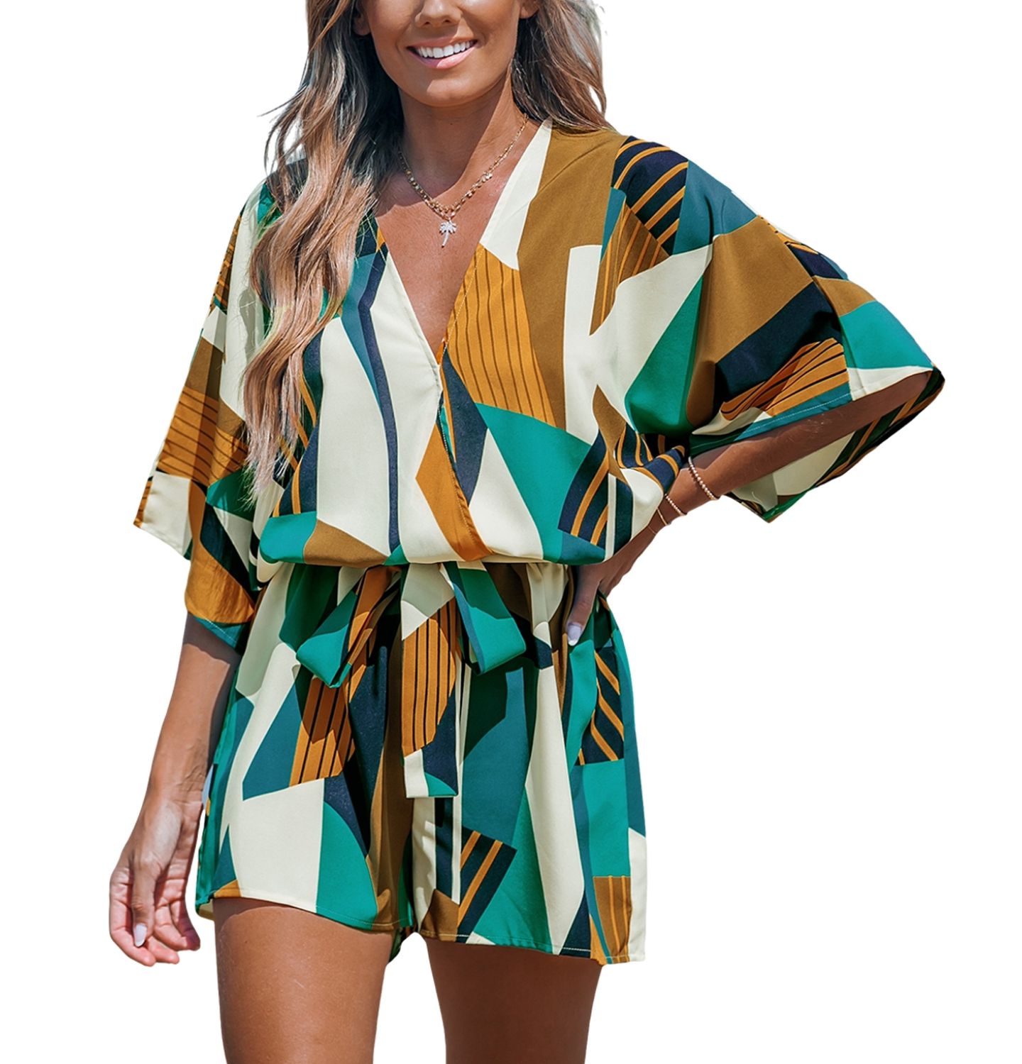 Женский комбинезон Cupshe Abstract Geo Dolman Straight Leg Romper, цвет: Тёмный синий — фото 1
