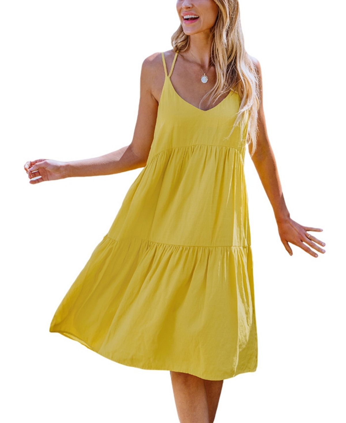 Women's Sunshine Yellow Scoop Neck Sleeveless Midi Beach Dress - Yellow