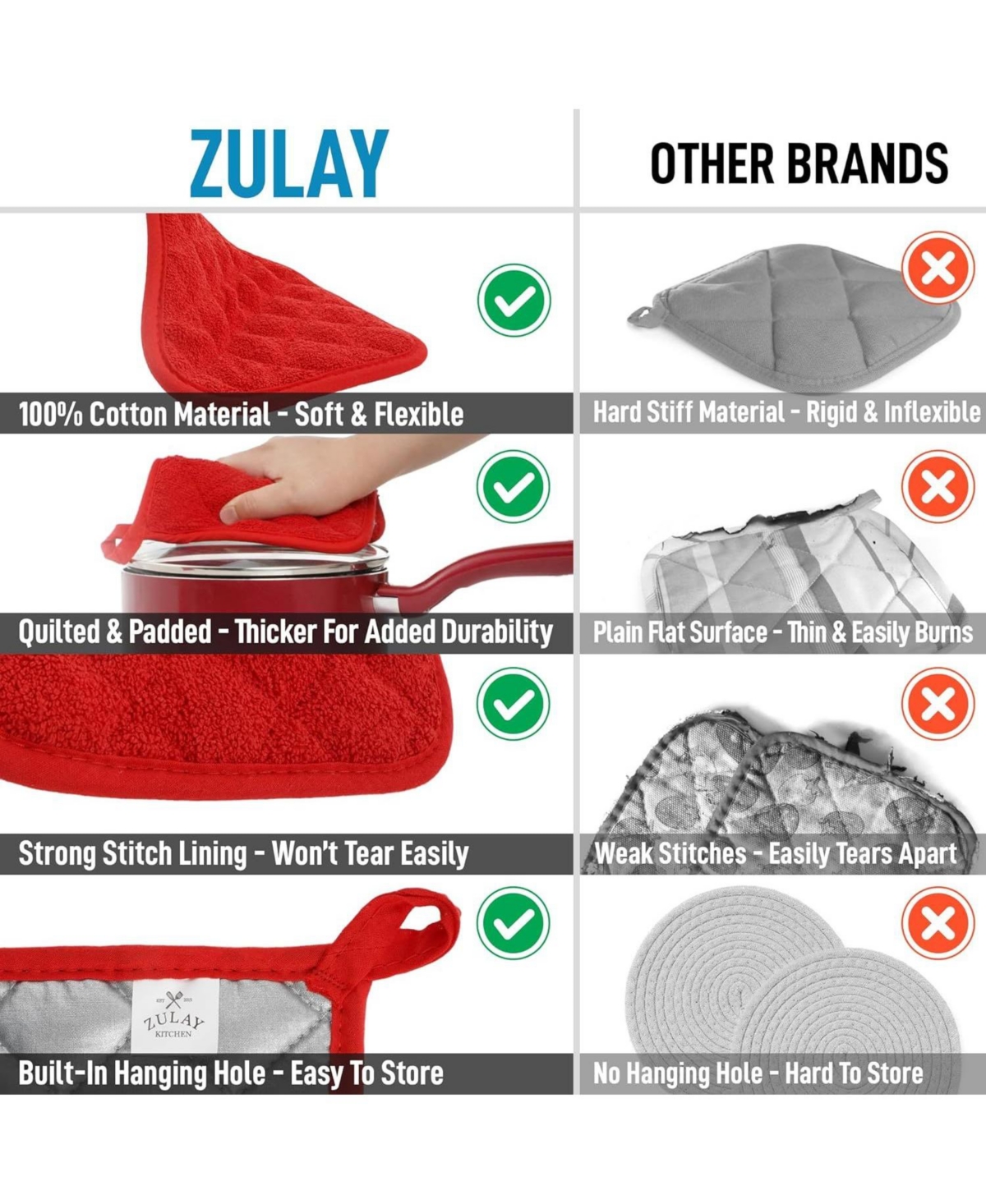 Washable Quilted Terry Cloth Potholder for Cooking and Baking (6 Pack)