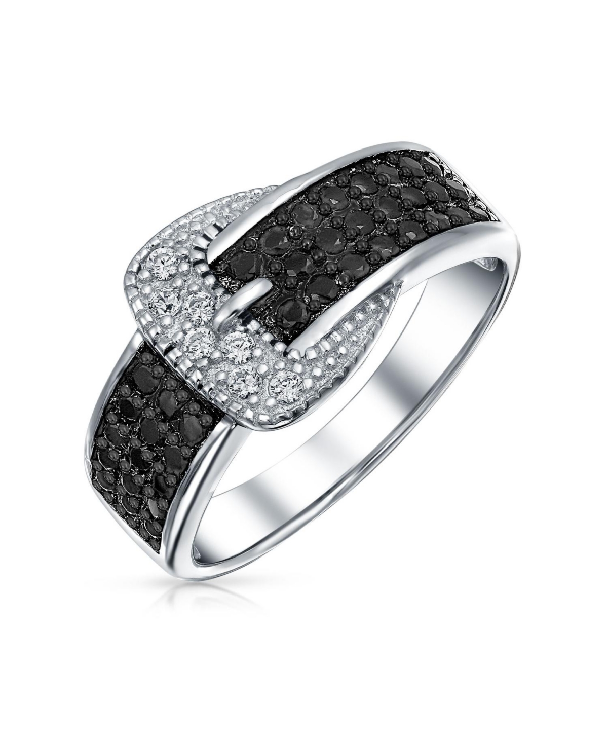 Trendy Fashion Pave Cubic Zirconia Black Cz Statement Belt Buckle Band Ring For Women .925 Sterling Silver - Silver
