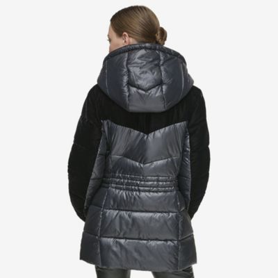 Women's Varna Velvet Mixed Quilted Puffer Jacket Within Attached Hood