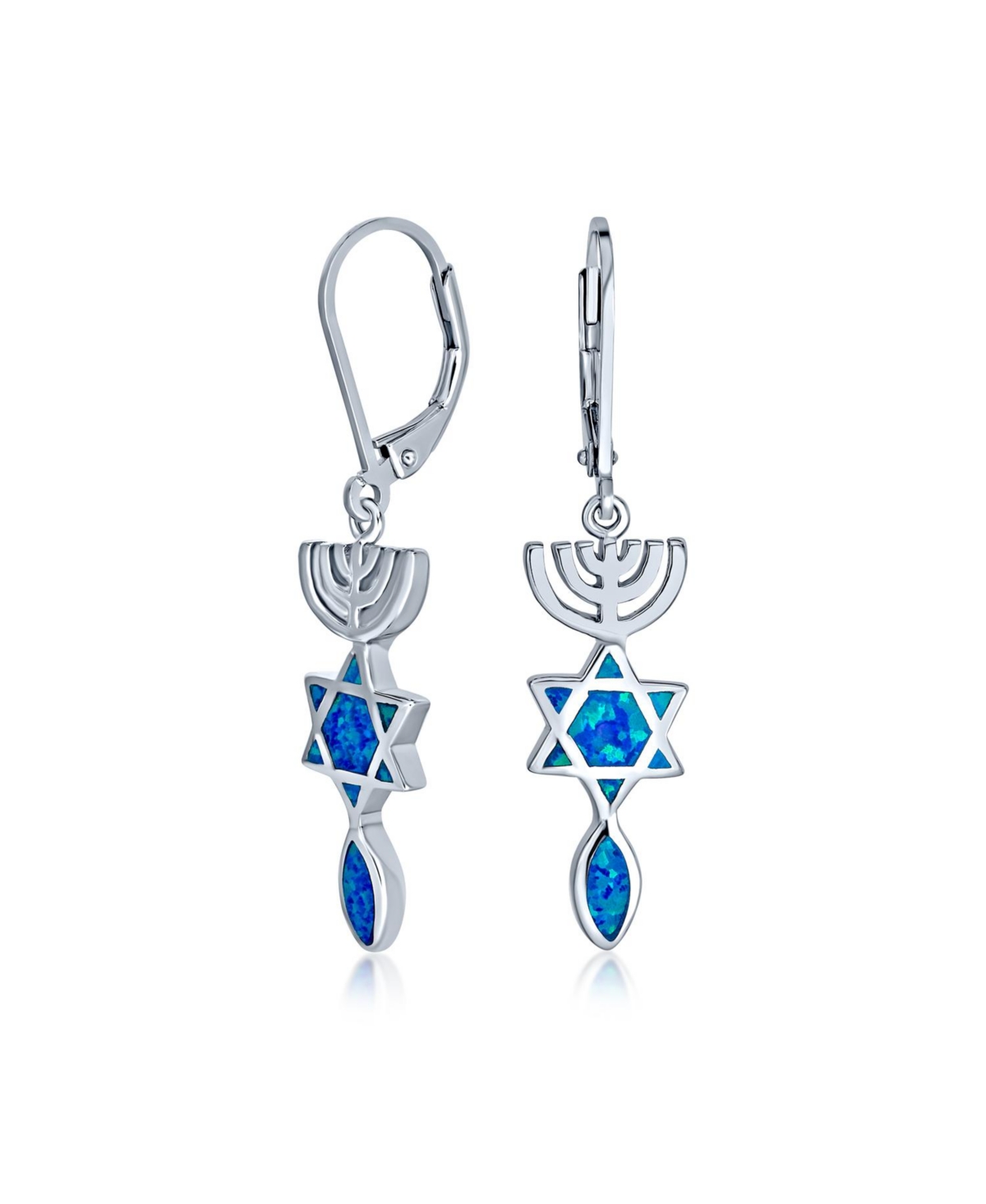 Created Blue Opal Religious Judaica Menorah & Hanukkah Star Of David Leverback Dangle Earrings For Women Teens Bat Mitzvah .925 Sterling