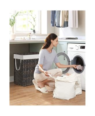 Synthetic Rattan Laundry Hamper with Lid, 2 Sections Removable Liner Bag