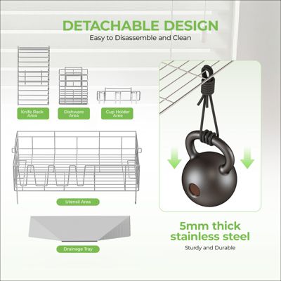 Expandable Kitchen Counter Stainless Steel Large Dish Drying Rack with Cutlery Box and Cup Knife Holder