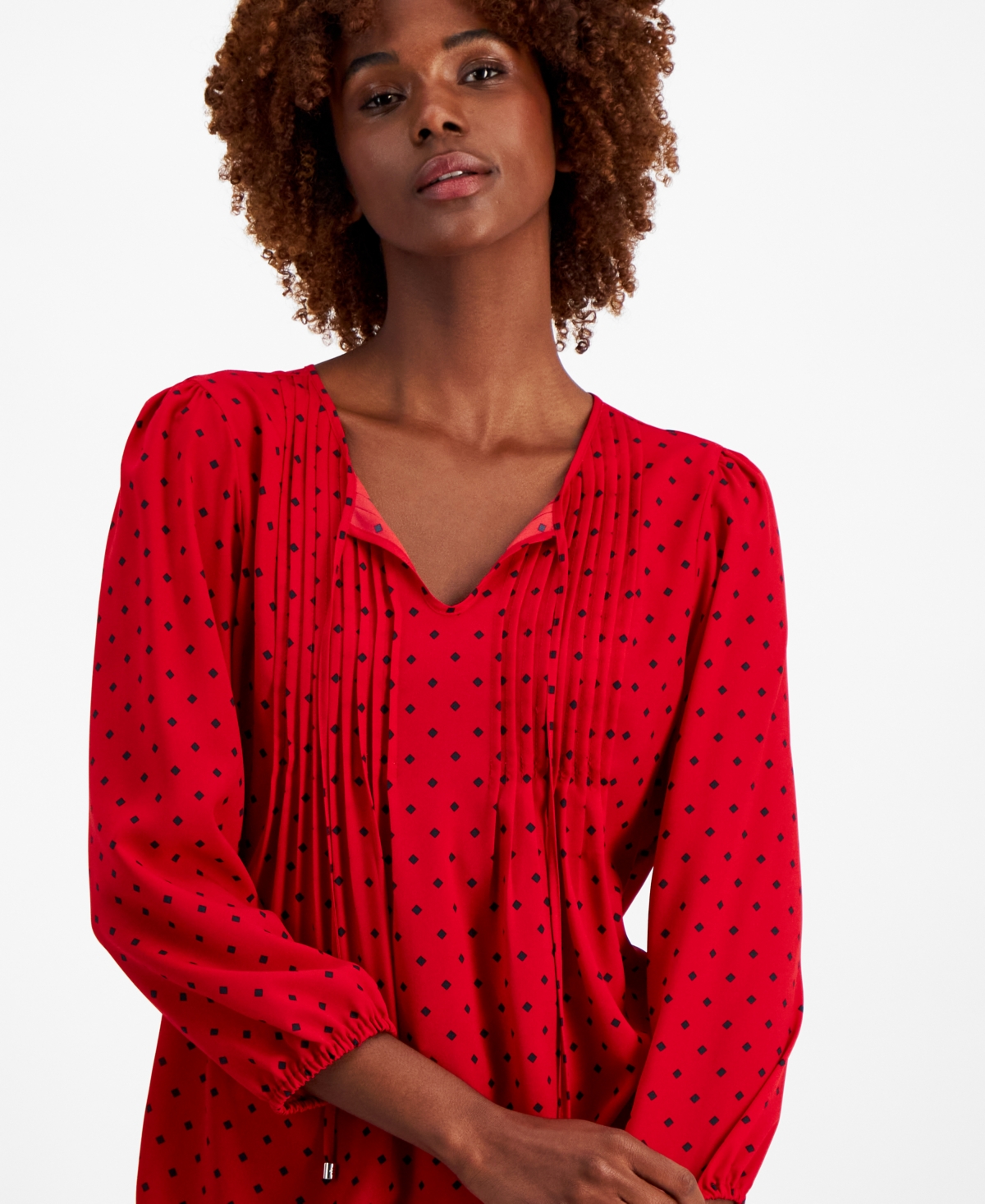 Tommy Hilfiger Women's Diamond-Dot Pintucked Peasant Blouse
