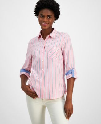 Nautica Jeans - Women's Striped Roll-Tab-Sleeve Button-Front Shirt