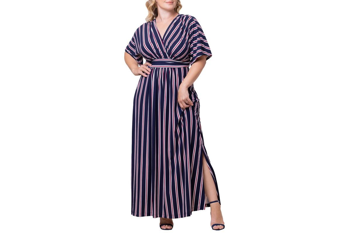 Plus Size Vienna Kimono Sleeve Long Maxi Dress - Nautical navy stripes