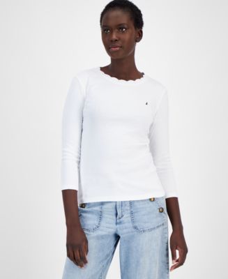 Nautica Women's Cotton Scalloped-Neck 3/4-Sleeve Top - Macy's