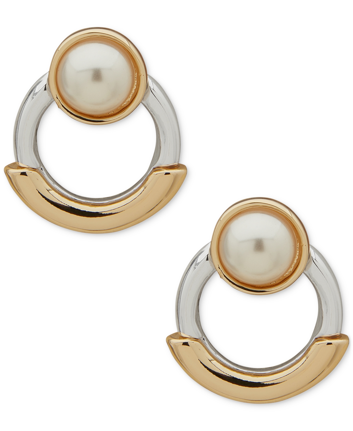 Two-Tone Imitation Pearl Ring Stud Earrings - Pearl