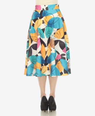 Women's Leaf Print Vintage Flared Midi Skirt