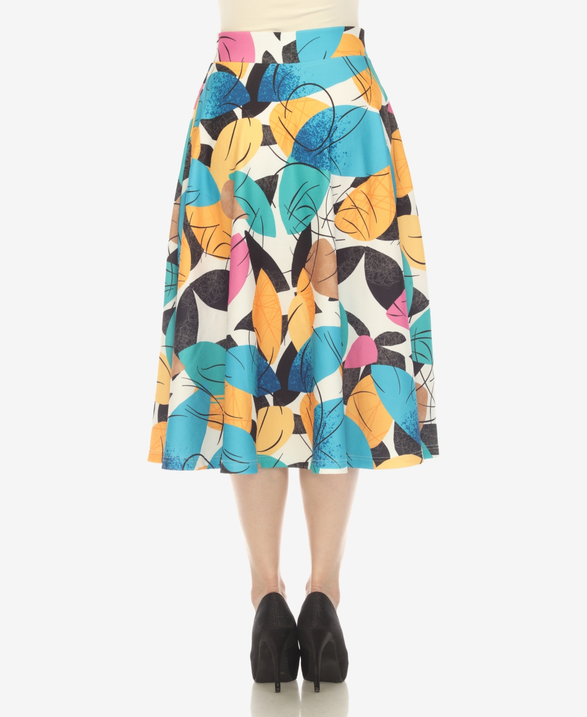 White Mark Women's Leaf Print Vintage Flared Midi Skirt In Yellow