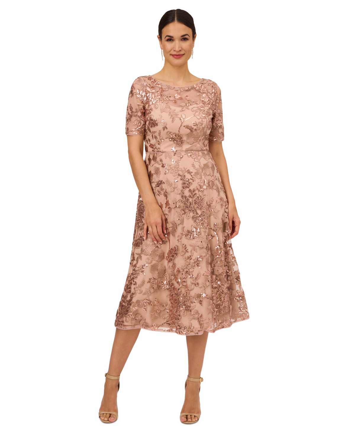 Shop Adrianna Papell Petite Sequin Embroidered Boat-neck Dress In Almondine