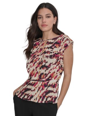 DKNY - Women's Printed Pleated Cap Sleeve Blouse