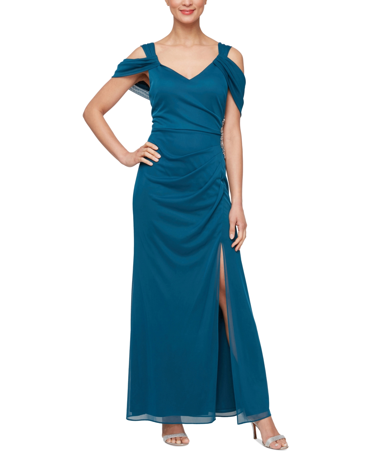 Women's Embellished Draped Cold Shoulder Gown - Peacock