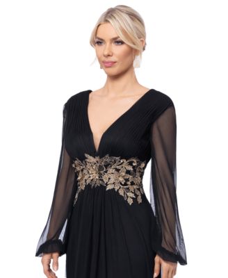 Women's Plunge-Neck Blouson-Sleeve Gown
