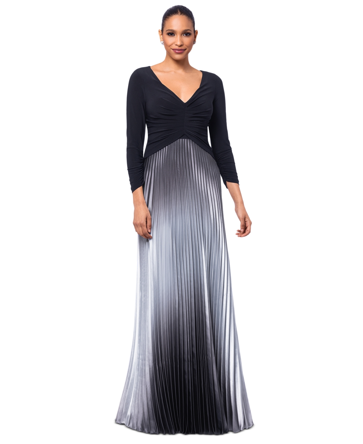 Women's Ombre Pleated 3/4-Sleeve Gown - Black/Silver