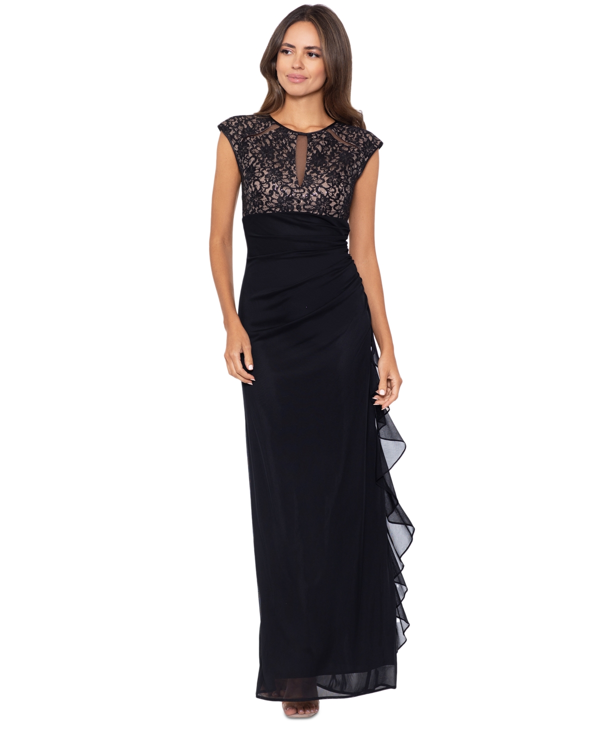 B&A by Betsy & Adam Lace Cutout-Top Gown - Black/Nude