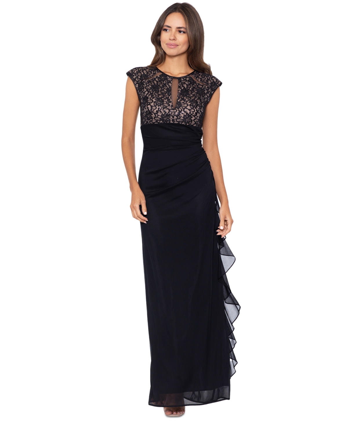 Betsy & Adam B&a By  Lace Cutout-top Gown In Black,nude