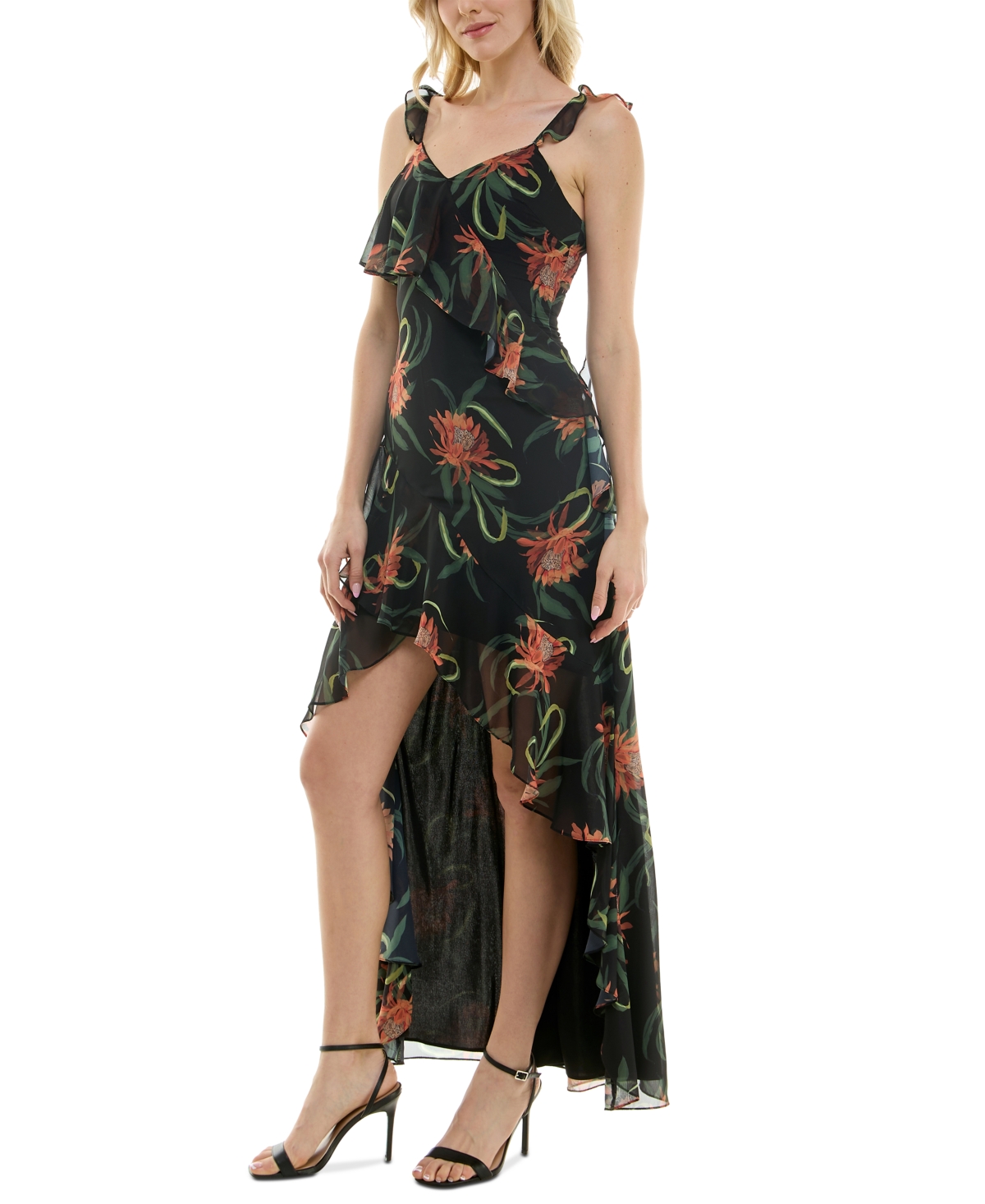 Taylor Women's Floral Print Ruffled High-Low Chiffon Gown