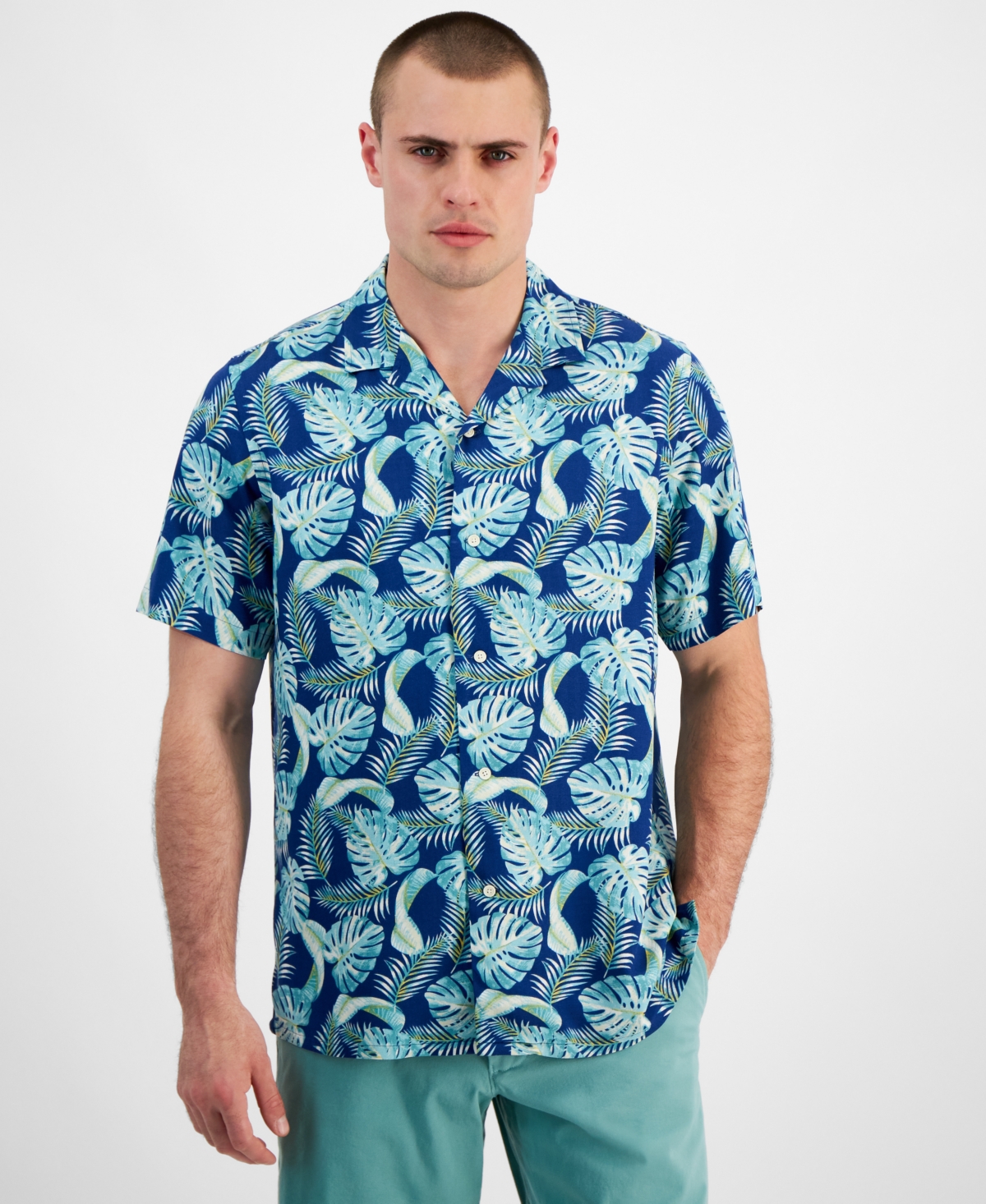 Men's Hoja Leaf Regular-Fit Printed Button-Down Camp Shirt, Created for Macy's - Navy Crush