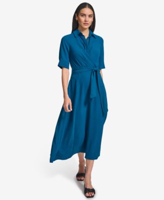 Calvin Klein Women's Tie-Waist Elbow-Sleeve Shirtdress - Macy's