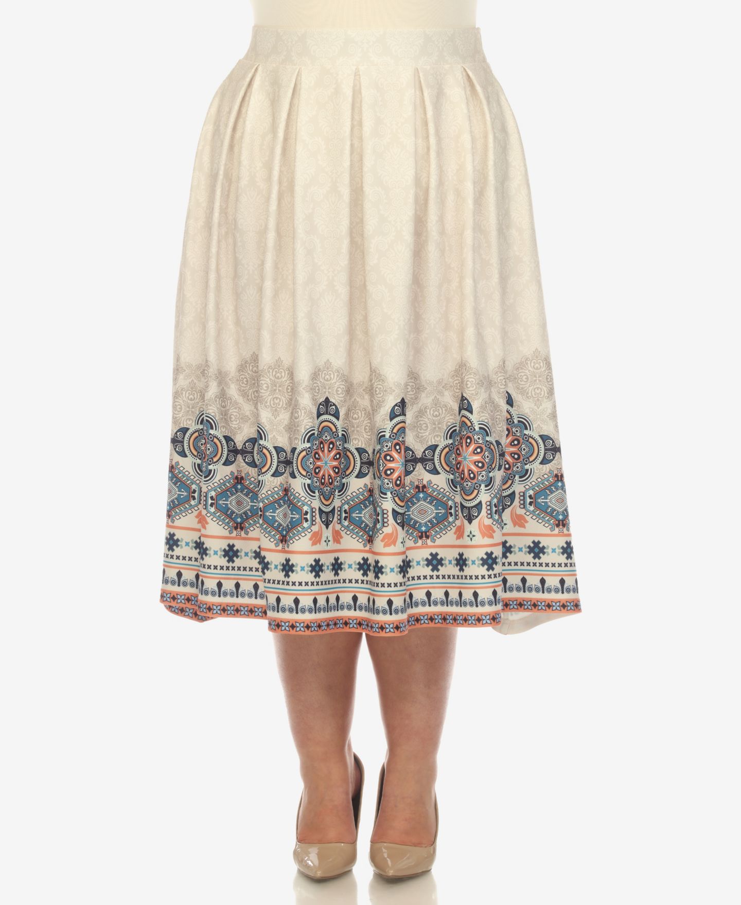Женская юбка White Mark Plus Size Pleated Skirt with Border Print, цвет: Бежевый — фото 1