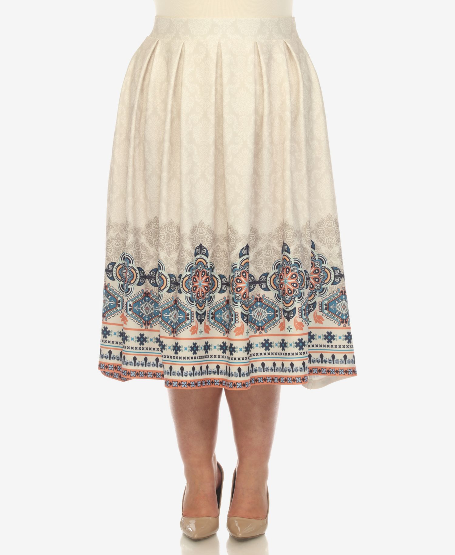 Plus Size Pleated Skirt with Border Print