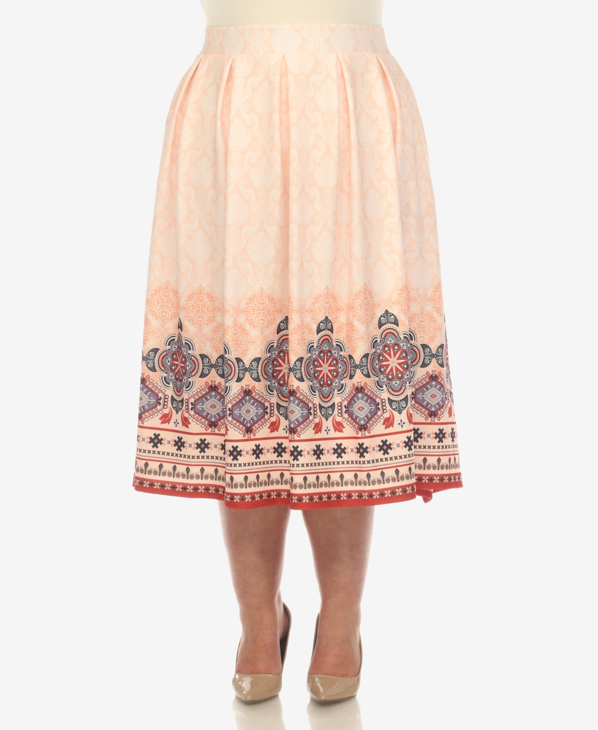 White Mark Plus Size Pleated Skirt With Border Print In Orange