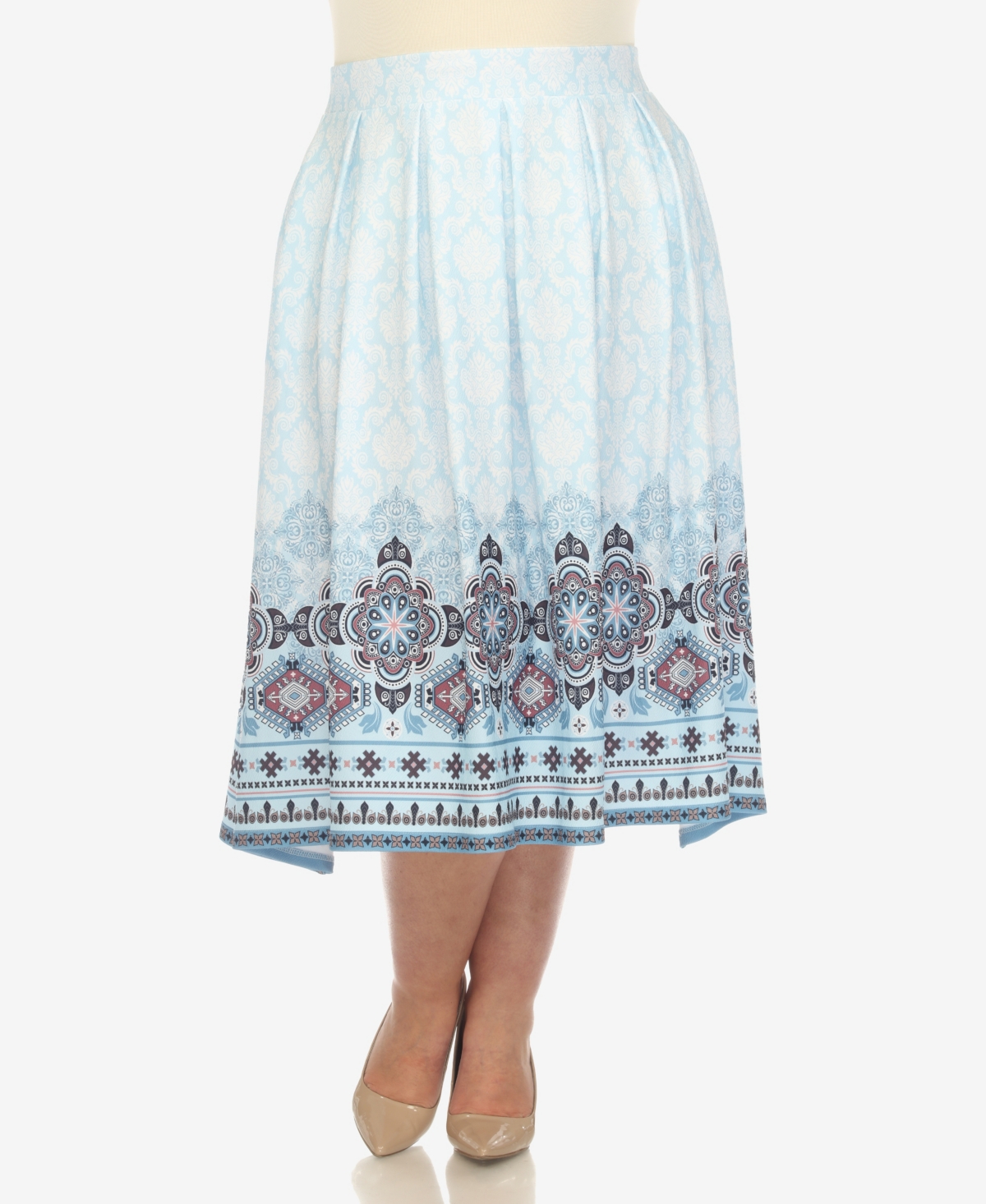 White Mark Plus Size Pleated Skirt With Border Print In Blue