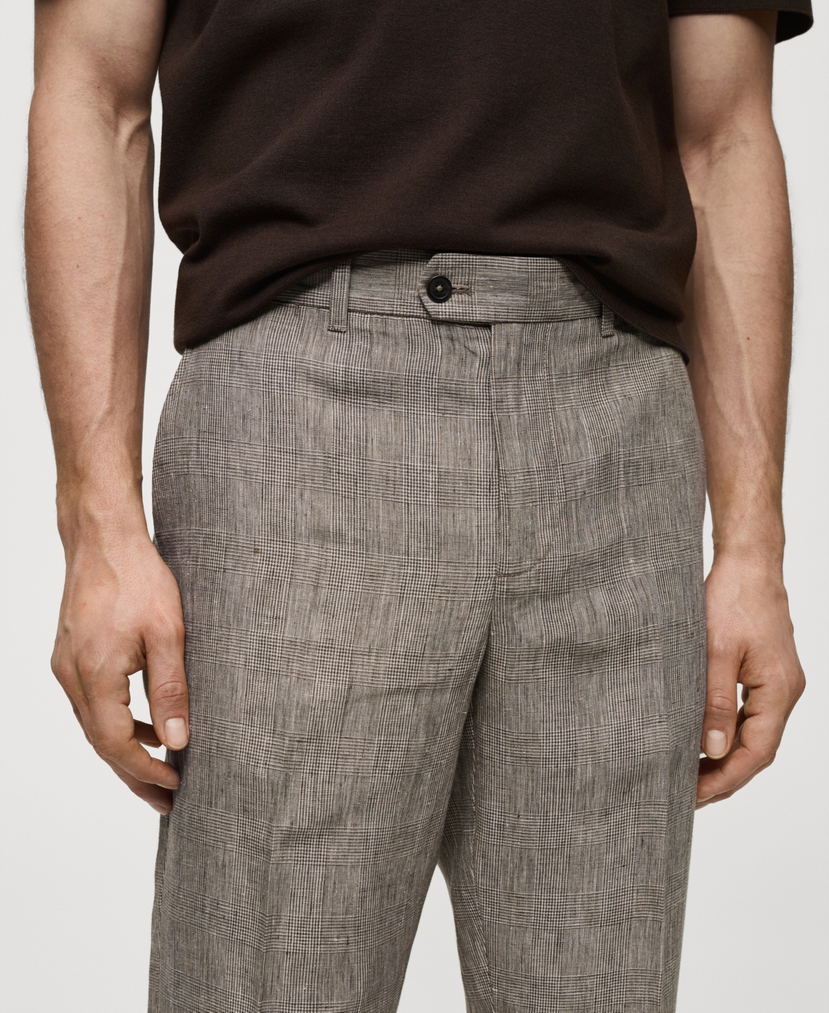 Shop Mango Men's 100% Linen Prince Of Wales Check Trousers In Brown