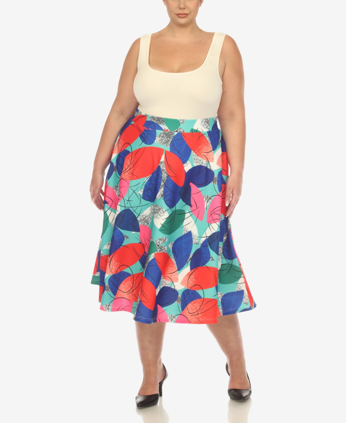 White Mark Plus Size Leaf Print Vintage Flared Midi Skirt In Red