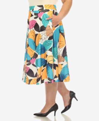 Plus Size Leaf Print Vintage Flared Midi Skirt