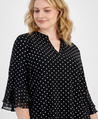 Plus Size Dot-Print Flutter-Sleeve Blouse