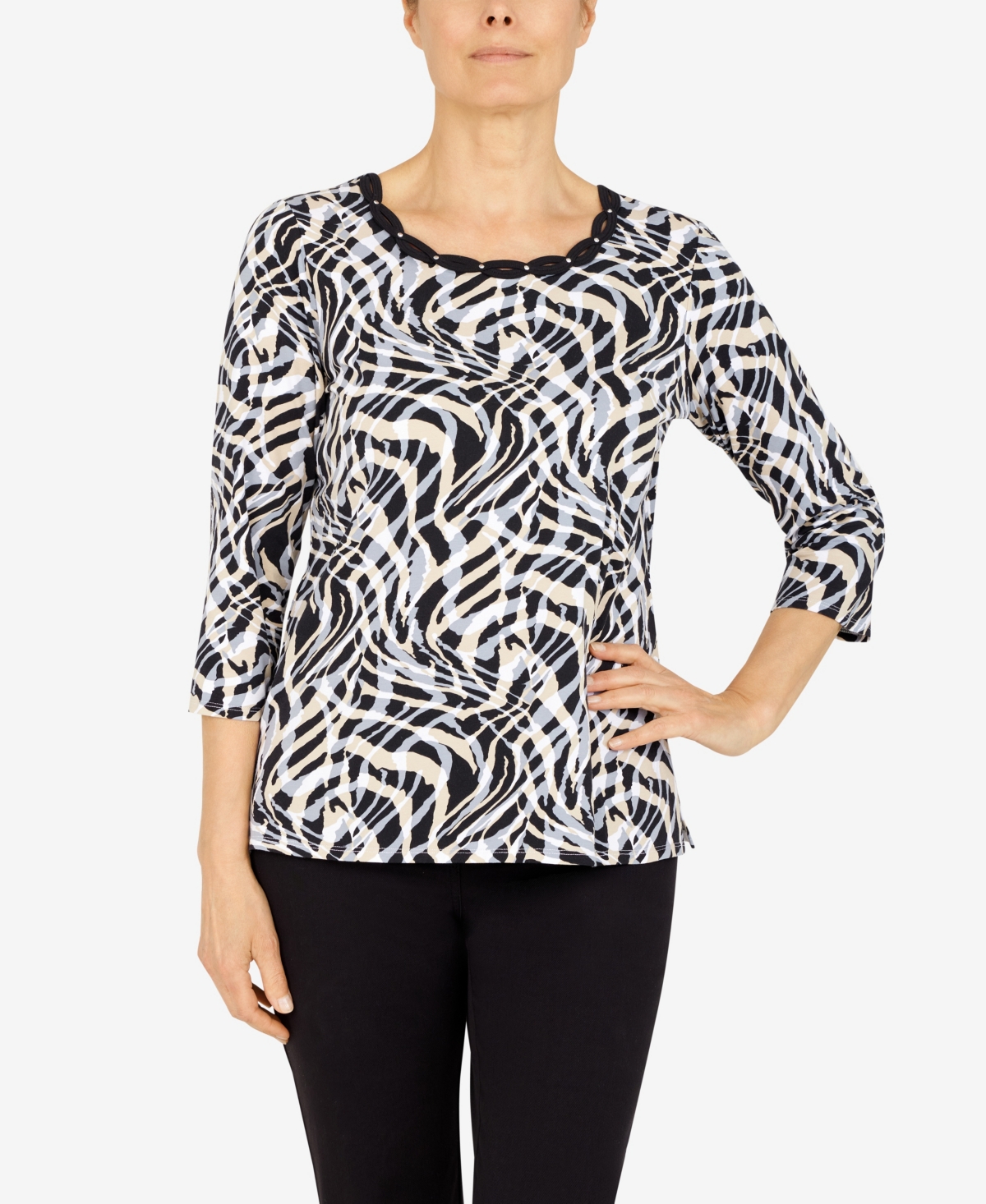 Women's three quarter length sleeves Swirled Stripe Top - Black,Tan