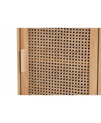 Maclean Mid-Century Modern Rattan and Natural Brown Finished Wood 1-Door End Table