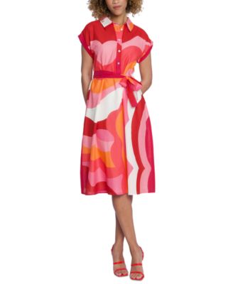 Maggy London - Women's Printed Cotton Collared Tie-Waist Shirtdress