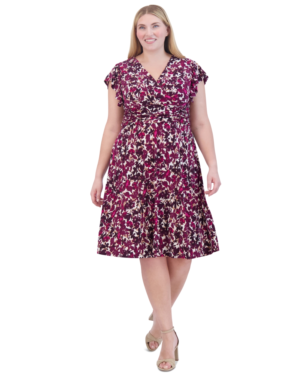 Plus Size Floral-Print Flutter-Sleeve Dress - Berry