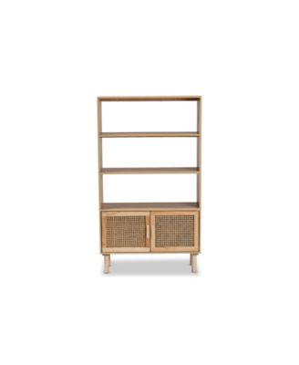 Faulkner Mid-Century Modern Natural Brown Finished Wood and Rattan 2-Door Bookcase