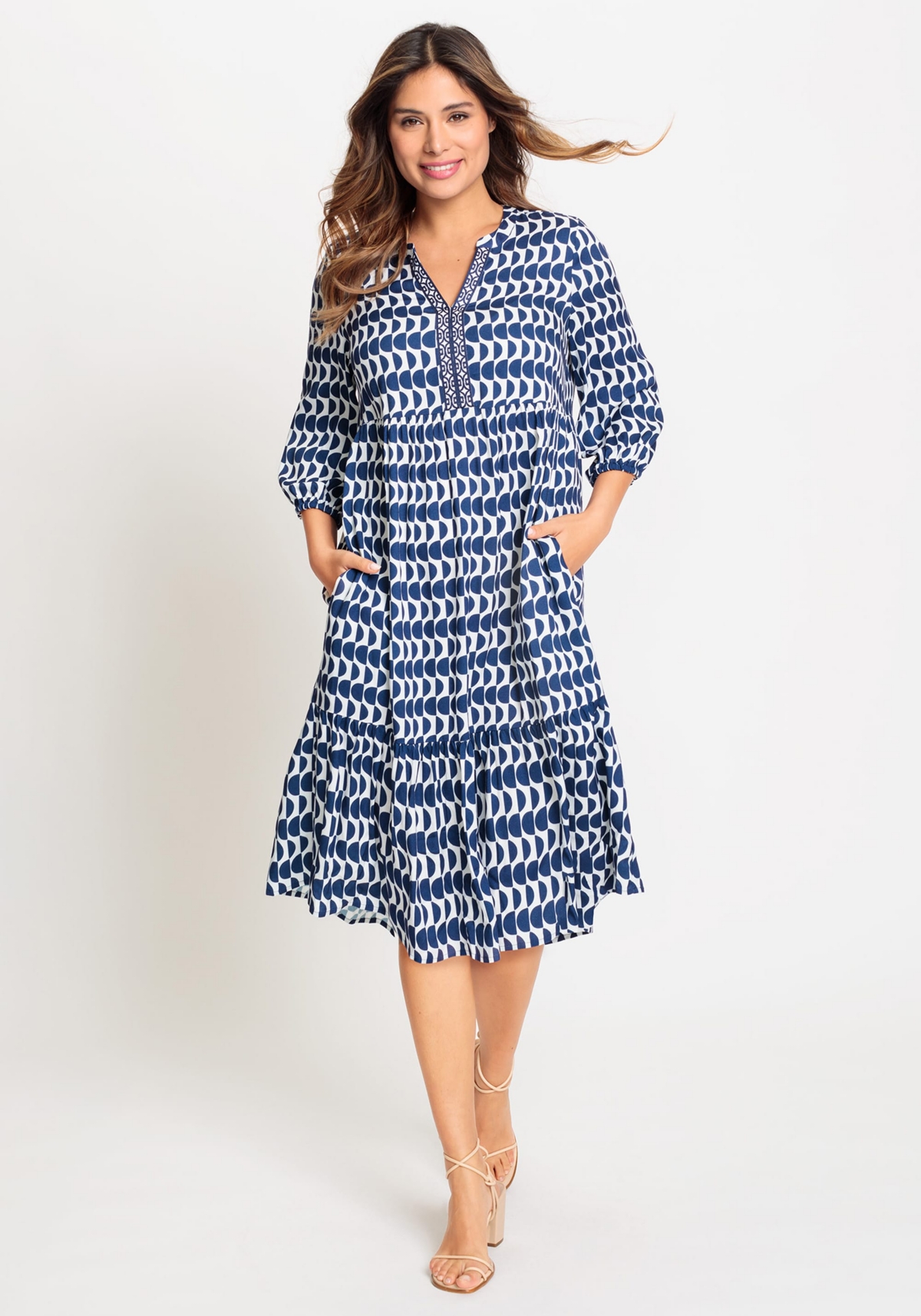 Olsen Women's 100% 3/4 Sleeve Tunic Geo Print Dress with Tiered Hem