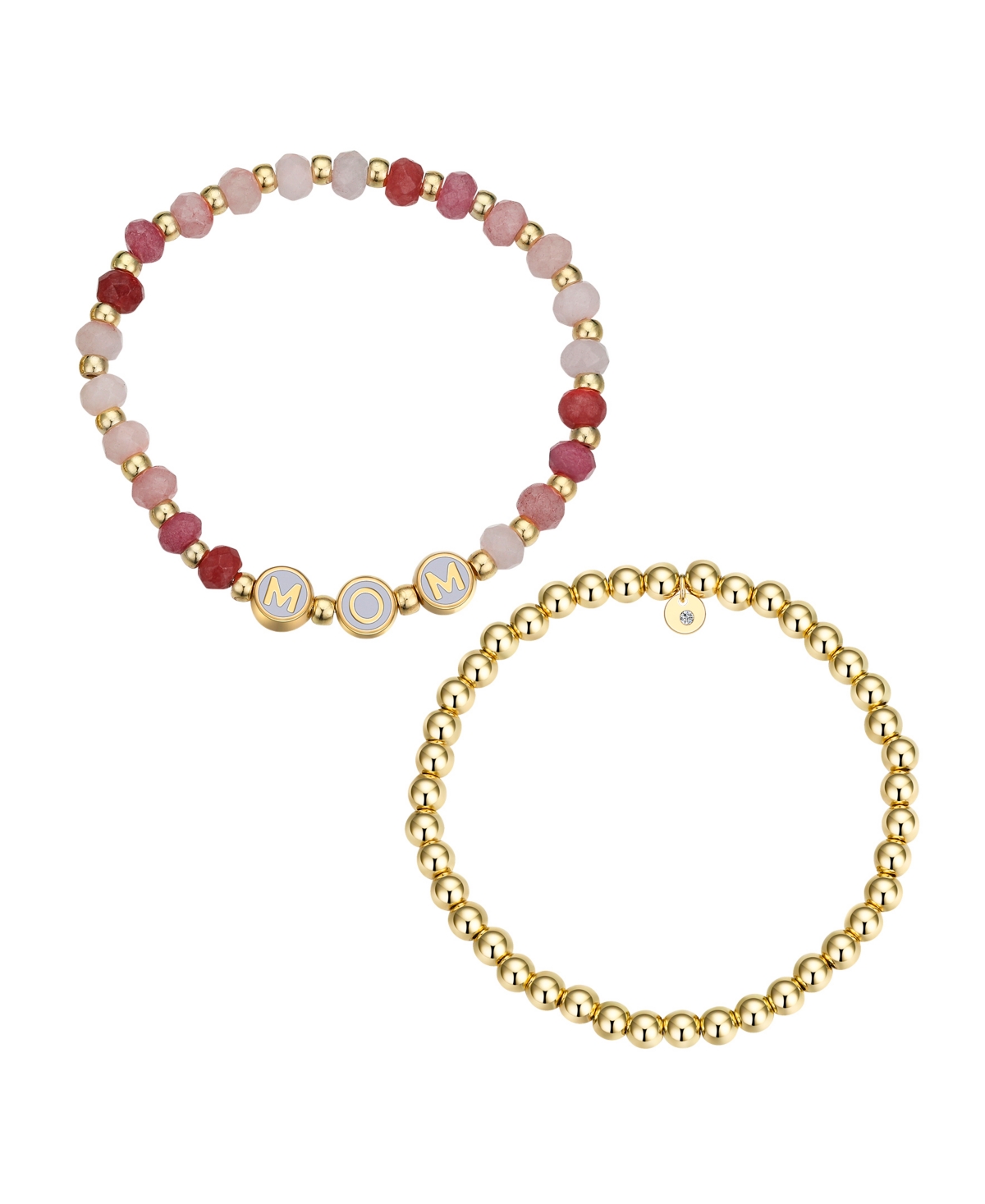 Multi Pink Quartz Mom Stone and Beaded Stretch Bracelet Set - Gold