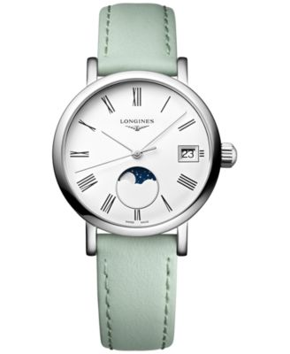 Longines - Women's Swiss Elegant Moonphase Green Leather Strap Watch 30mm