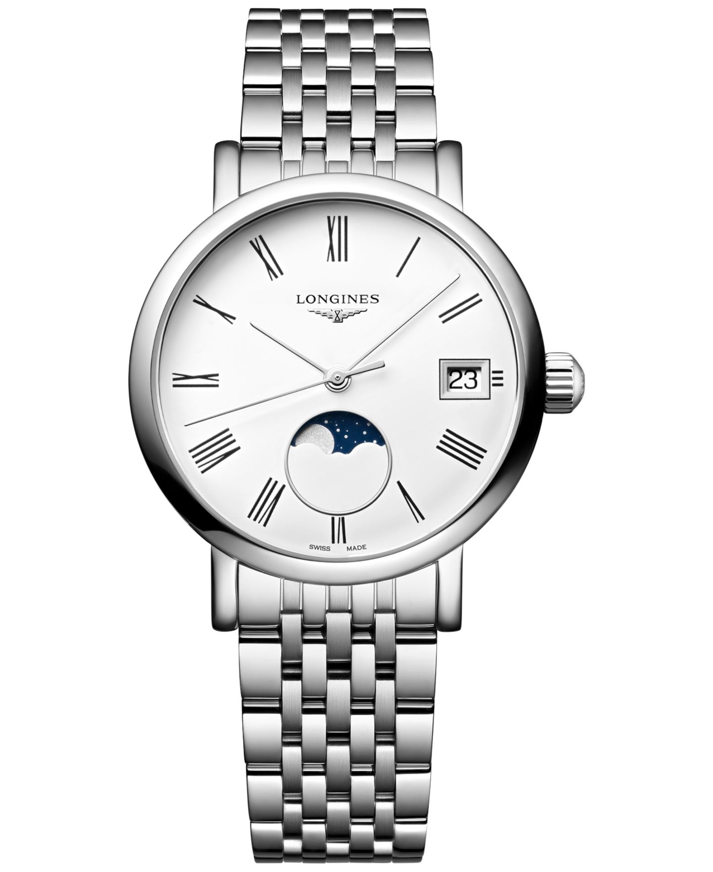 Женские часы Longines Swiss Elegant Moonphase Stainless Steel Bracelet Watch 30mm — фото 1