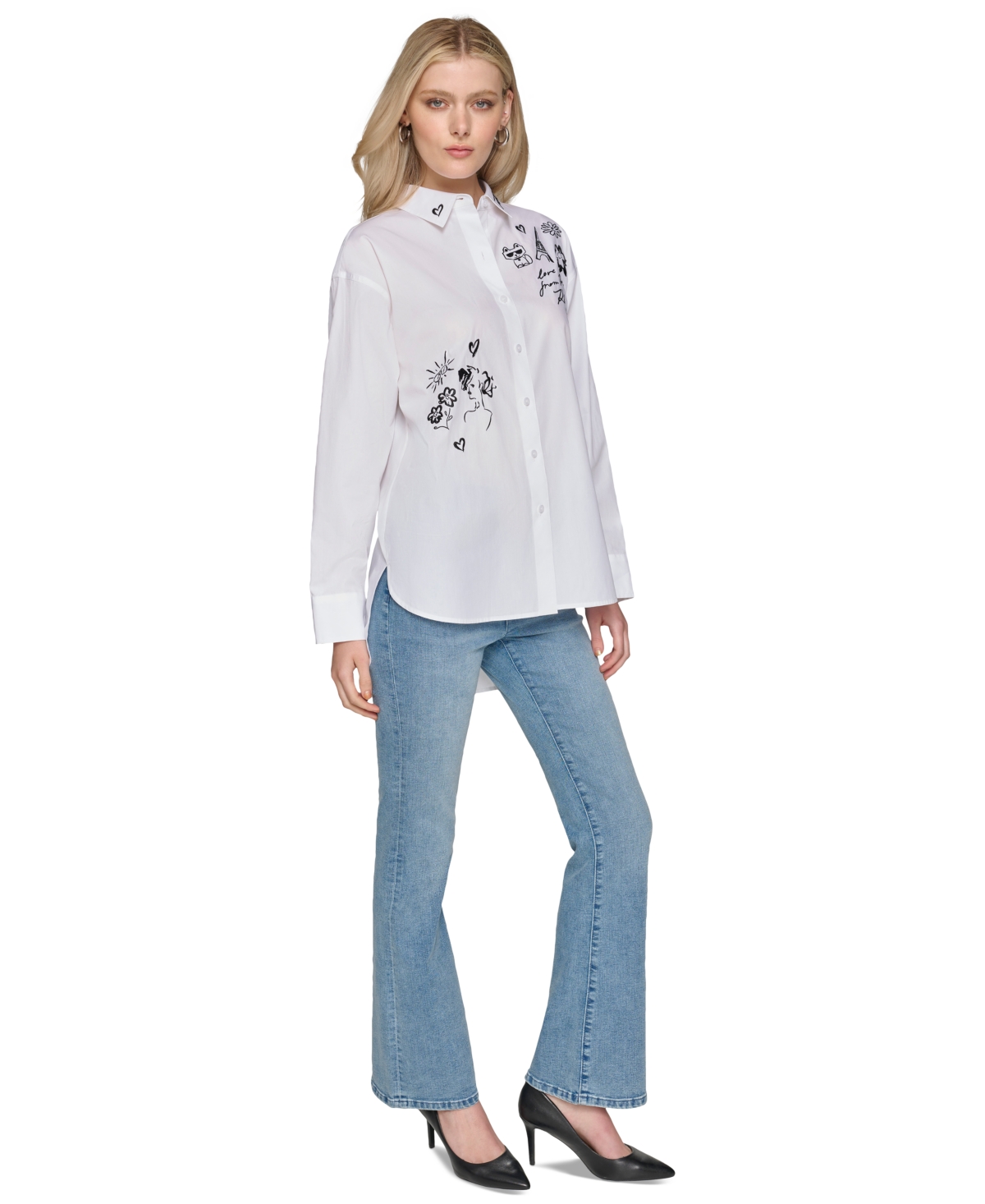 Karl Lagerfeld Paris Women's Cotton Oversized Whimsy Shirt - White  Black