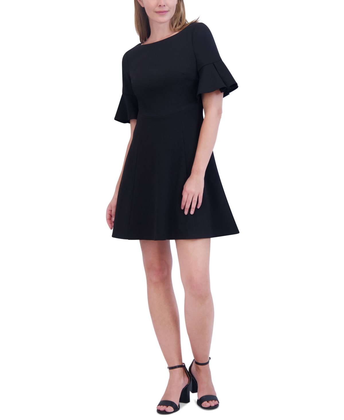 Women's Flared-Sleeve Scuba Crepe Dress - Black