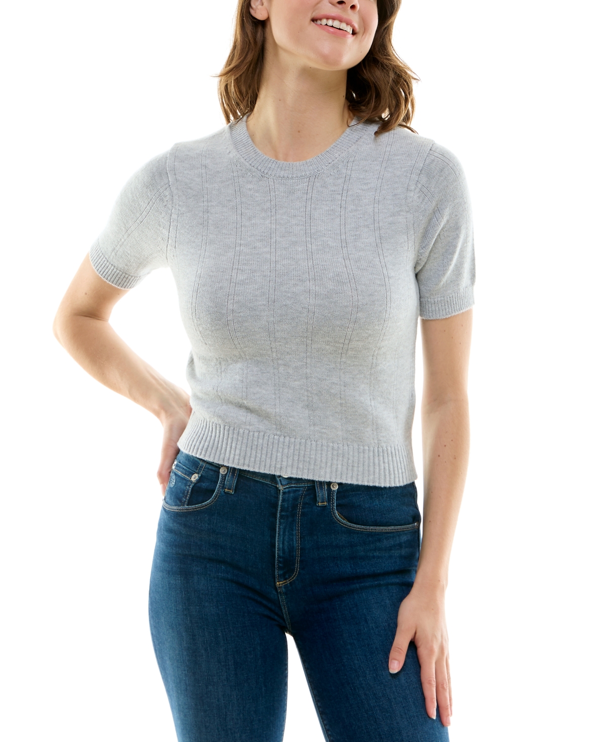 Ultra Flirt Juniors' Short-Sleeve Crewneck Pointelle Sweater